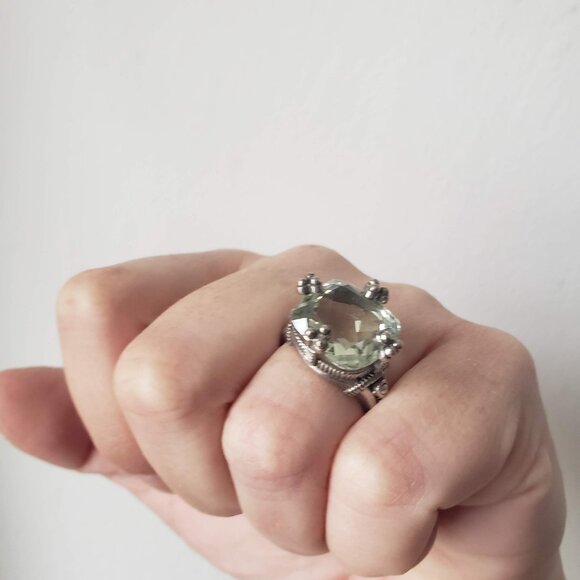 Stunning Sterling Silver Cocktail Ring Pale Blue Green Stone Signed JL - Picture 10 of 11